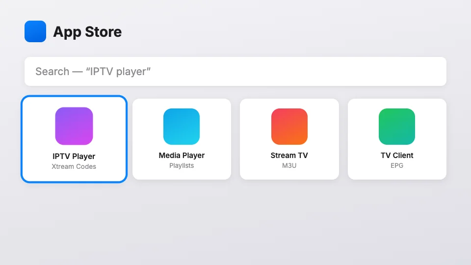 tvOS App Store search results showing Xtream-compatible IPTV players