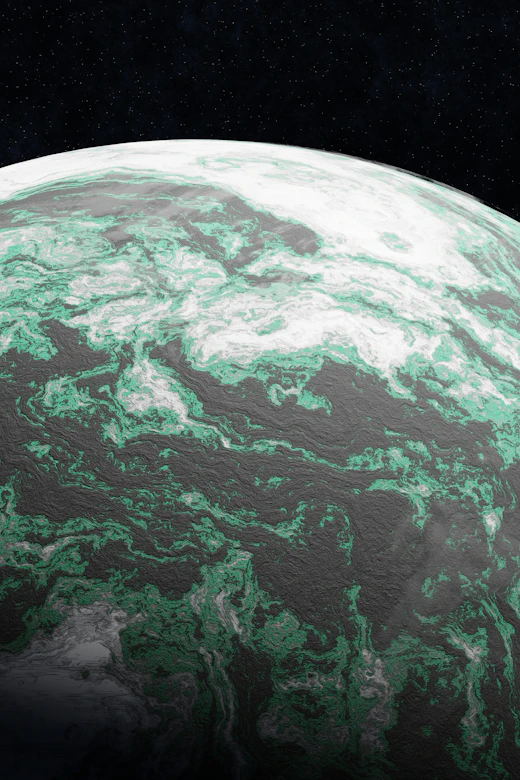 Green and white planet against deep space