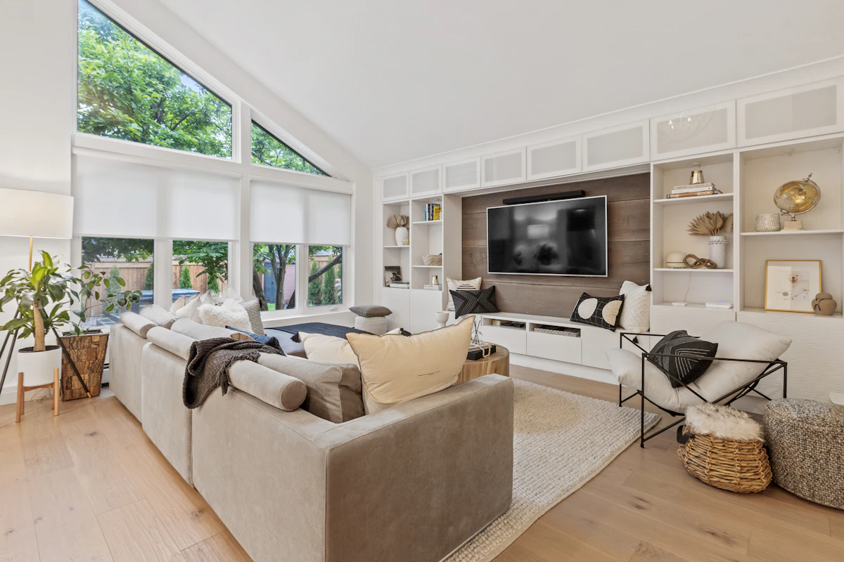 Flat-screen TV in a bright living room ready for local network TV