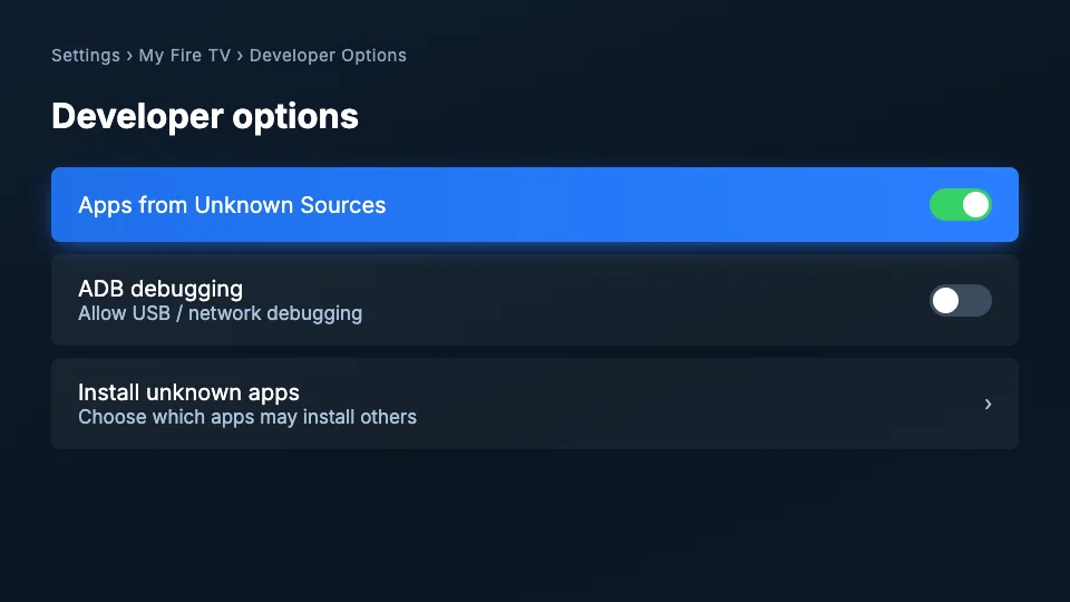 Fire TV Developer options screen with Apps from Unknown Sources switched on