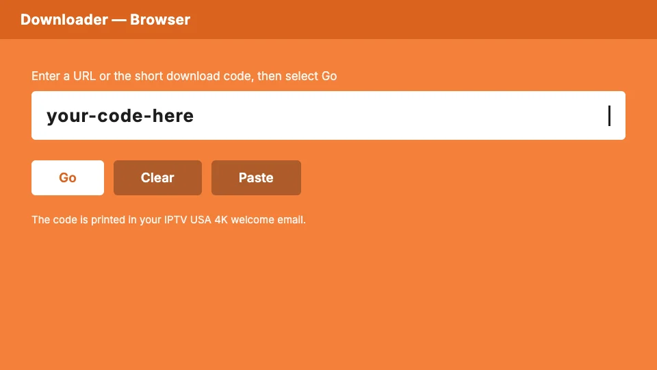 Downloader app URL field ready for the player download code