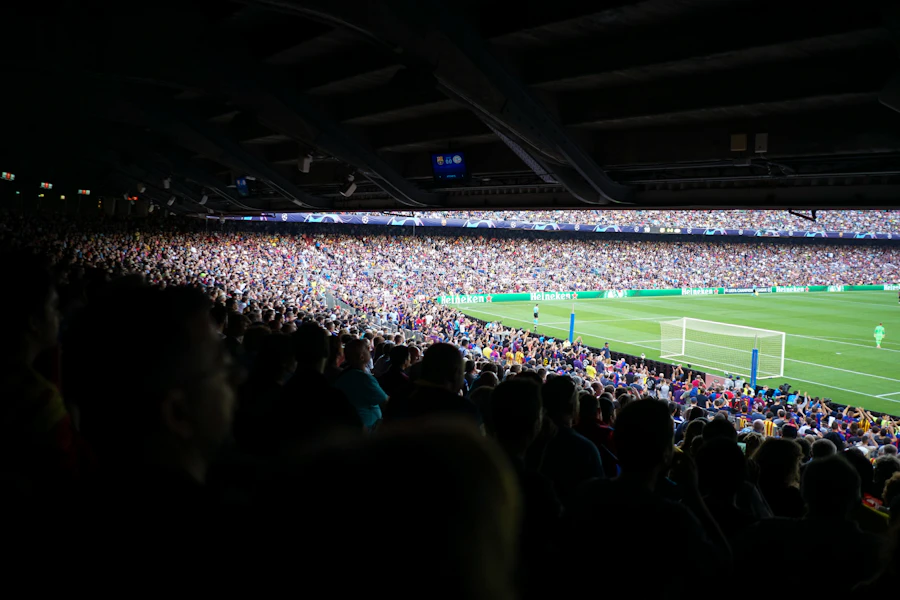 Fans filling a soccer stadium during an international match