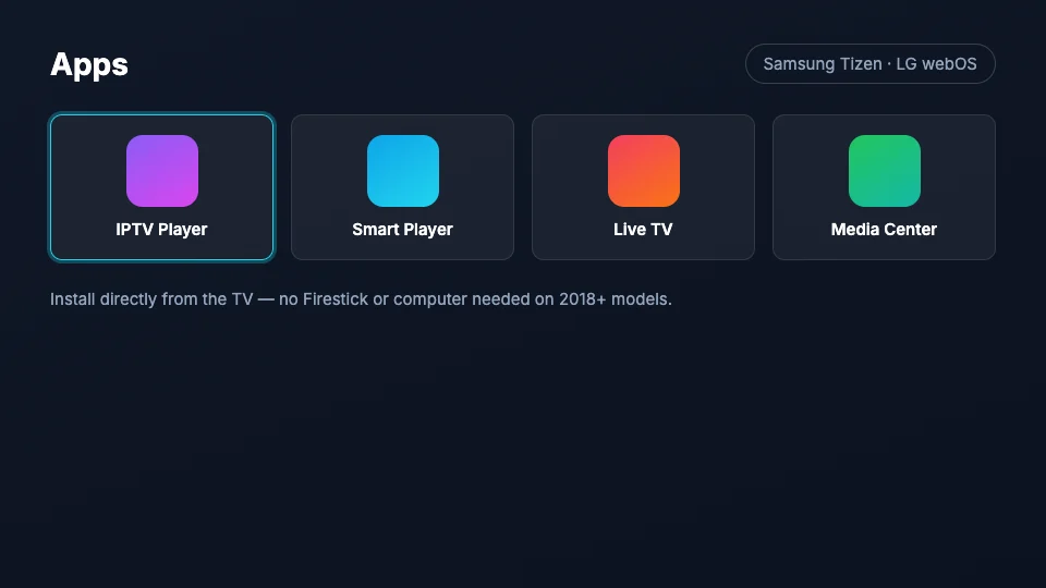Samsung Tizen and LG webOS app store showing IPTV player options